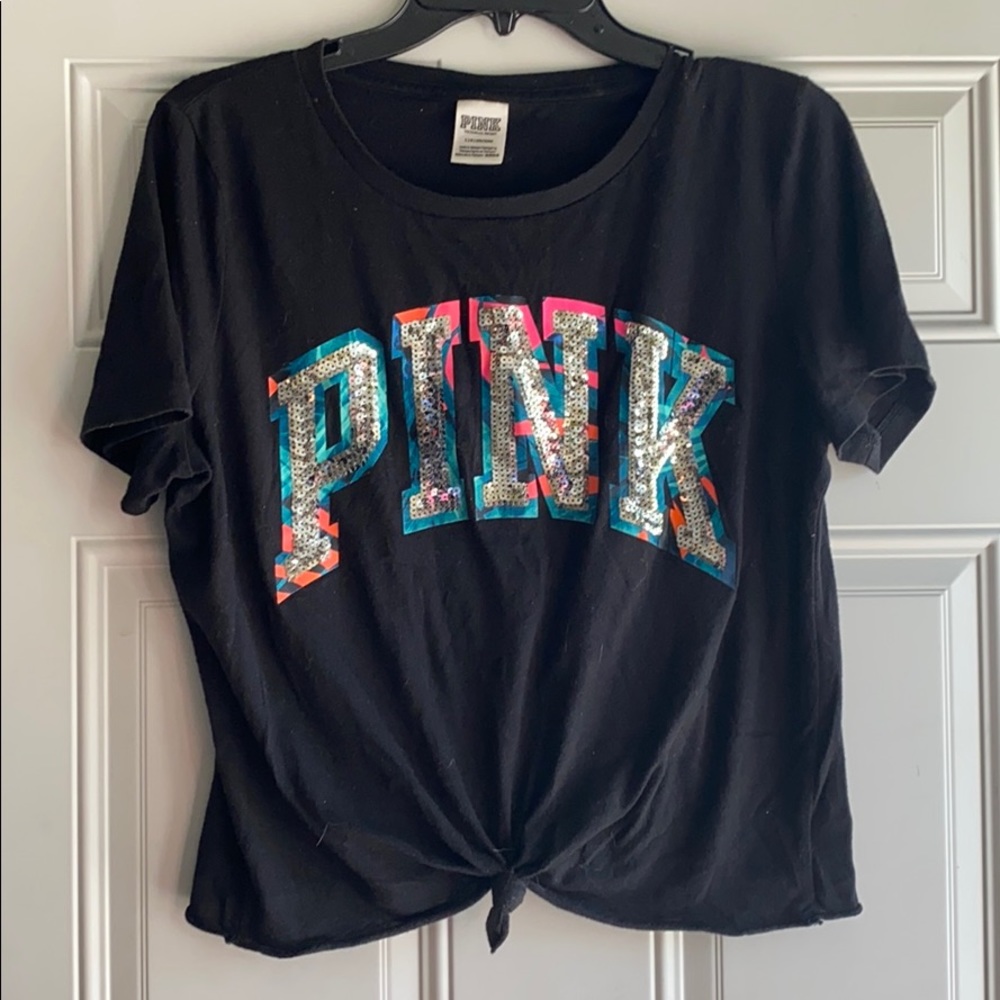 PINK VS Short Sleeve Bling Black CropTop SZ L!